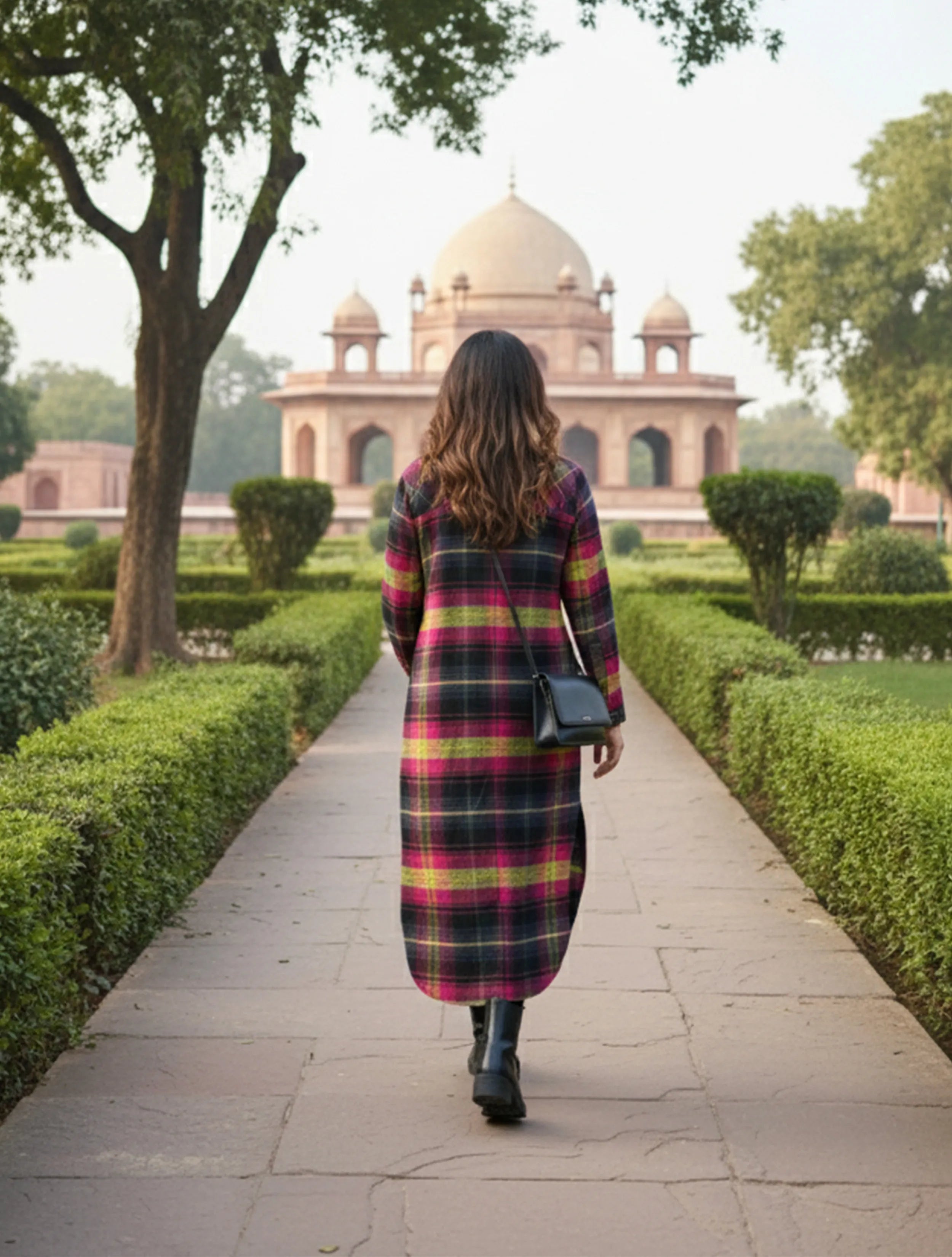 trueBrowns Pink Lime Check Woollen Long Shirt Dress