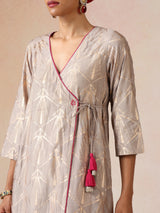 trueBrowns Grey Rose-Gold Foil Print Angrakha Kurta Set