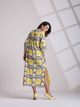 trueBrowns Yellow Cotton Ikat Slit Dress