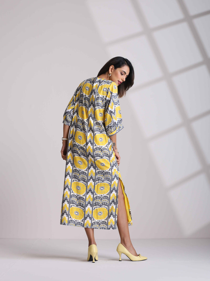 trueBrowns Yellow Cotton Ikat Slit Dress