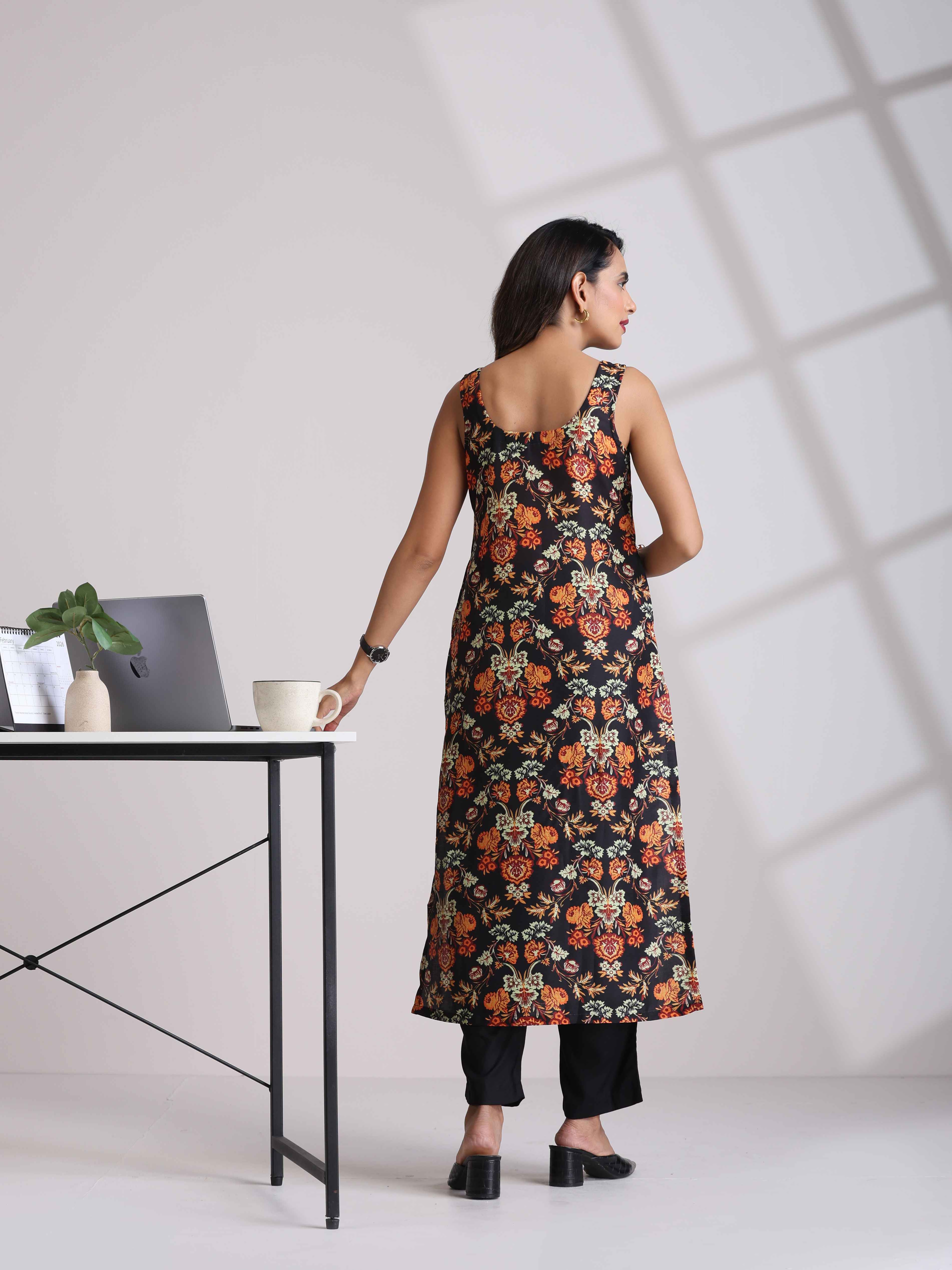 trueBrowns Black Print Straight Kurta Set