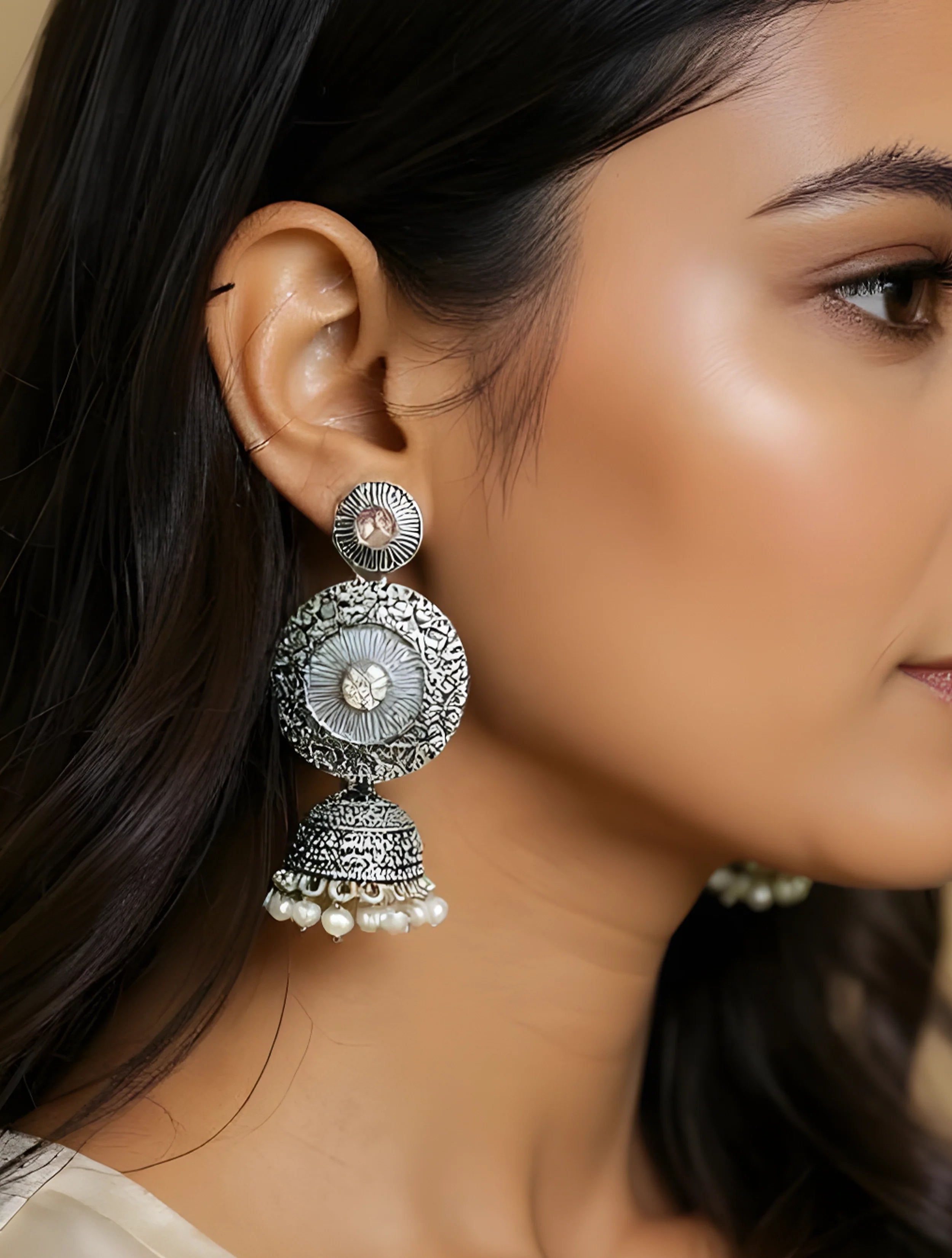 trueBrowns Grey Pearl Jhumka Earrings