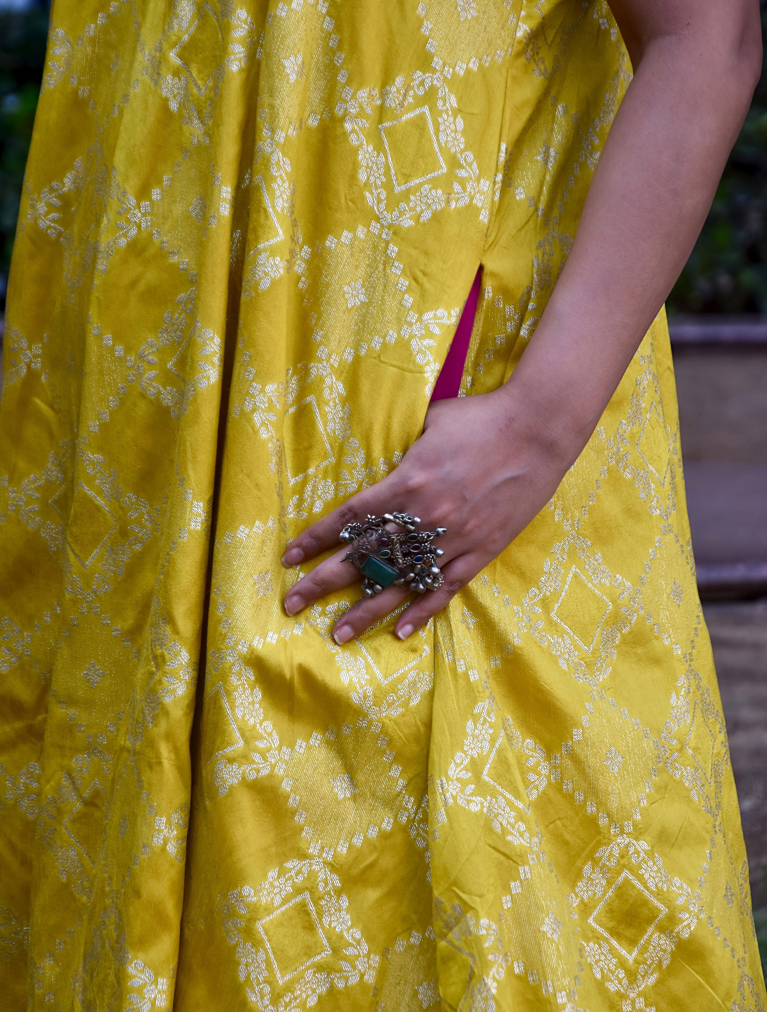 trueBrowns Lime Brocade Flared Kurta Set