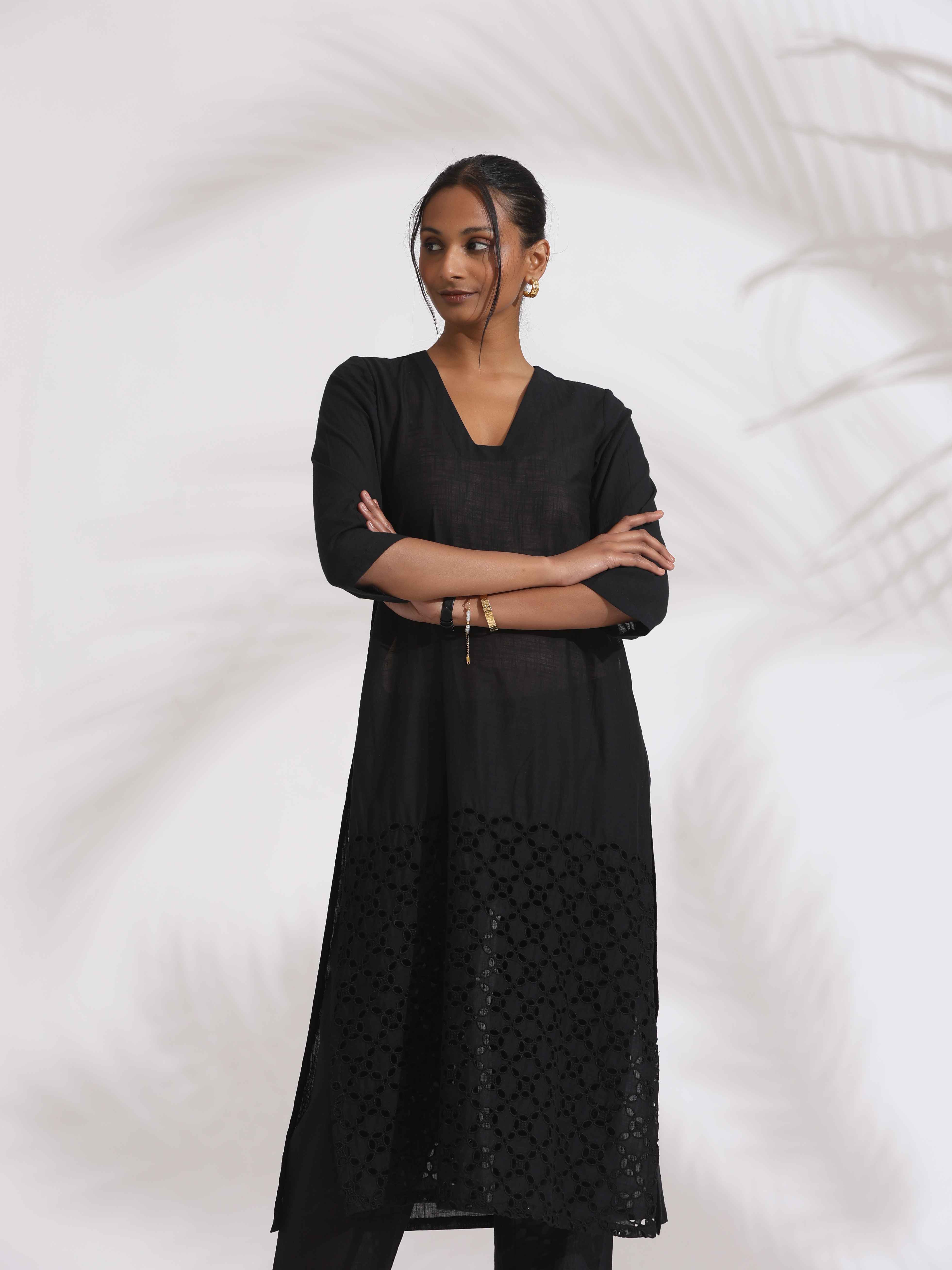 trueBrowns Black Cotton Schiffli Kurta Set