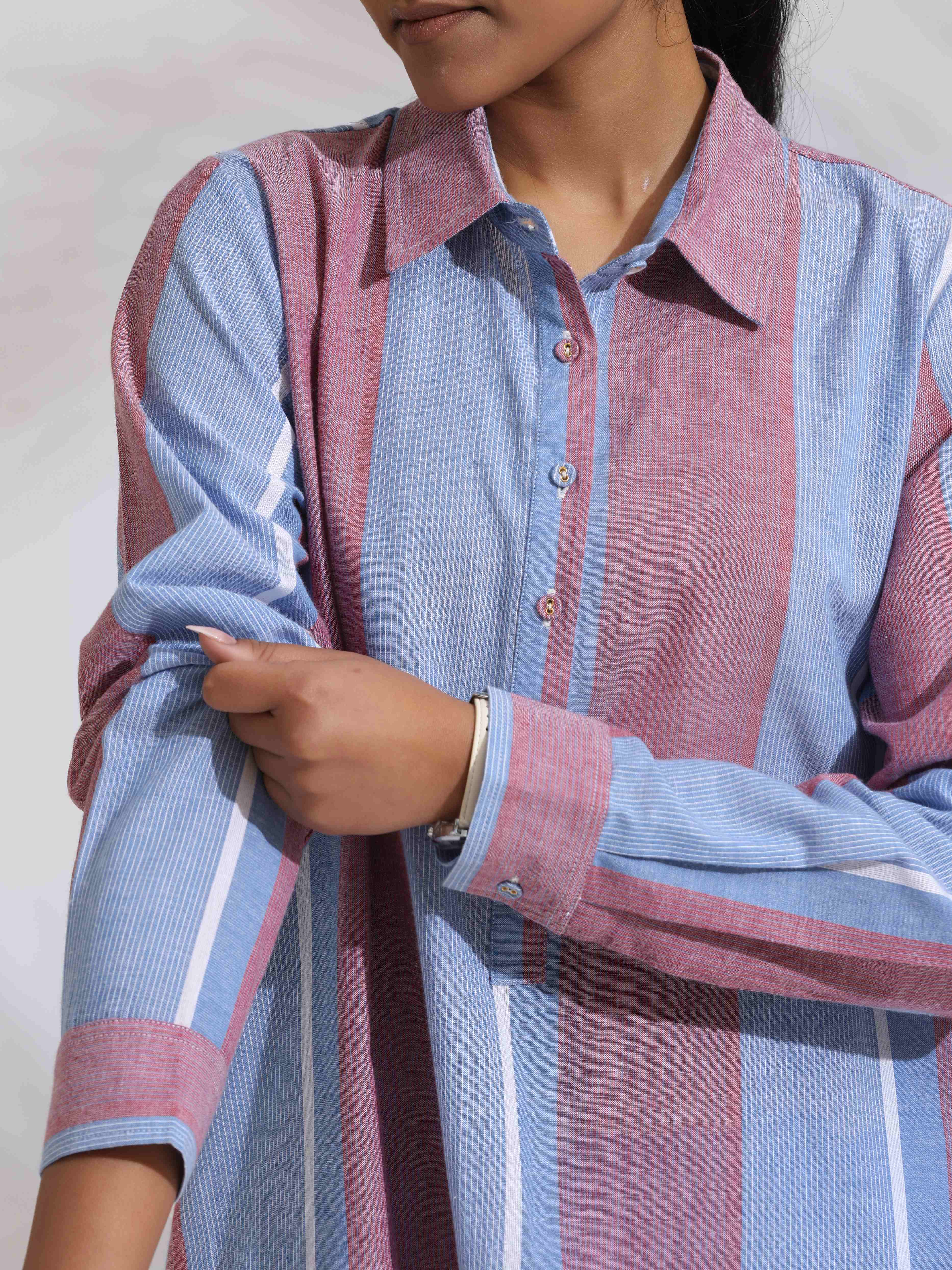 trueBrowns Blue Cotton Stripe Kurta Co-ord Set