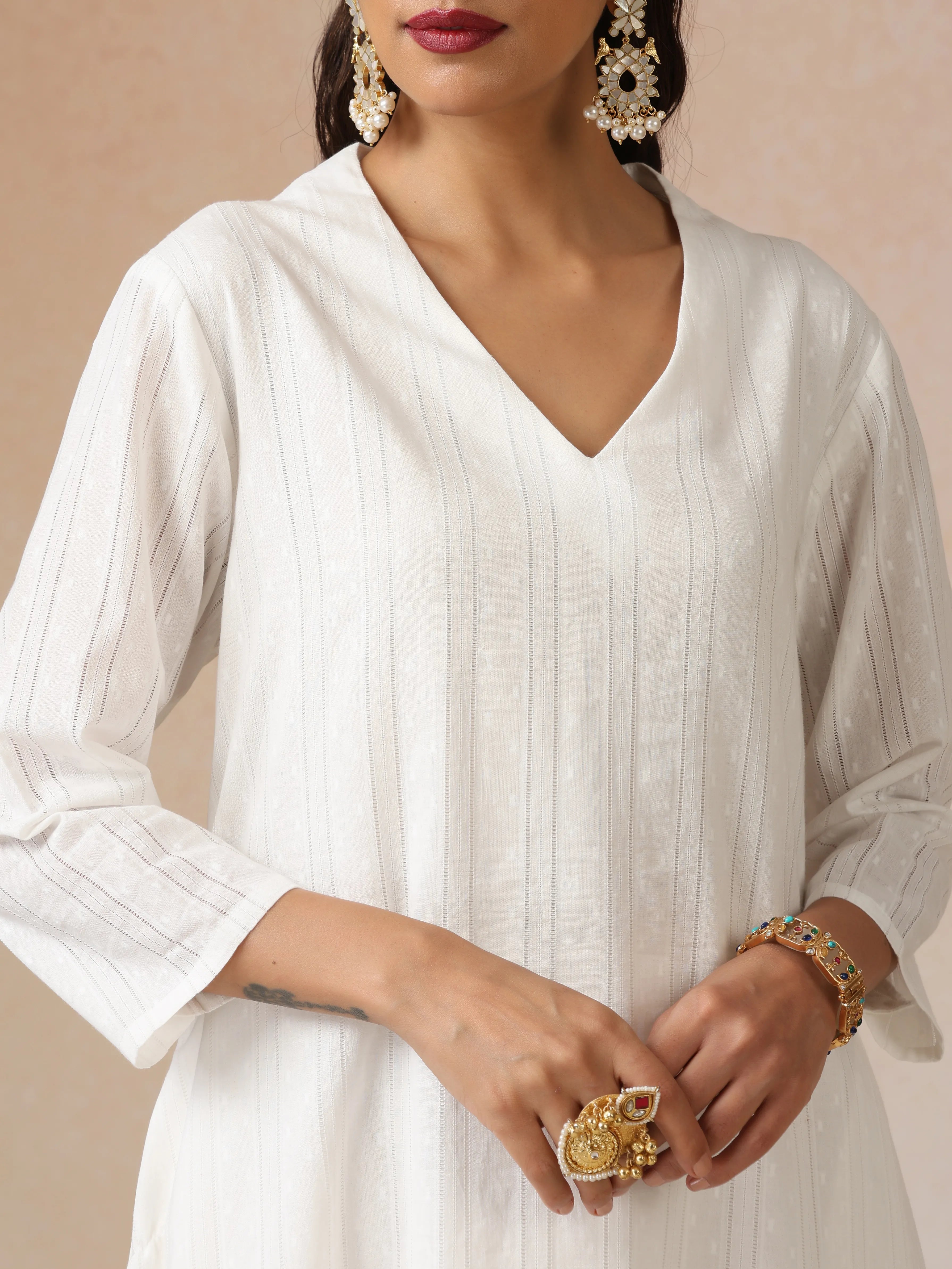 White Dobby Kurta Set