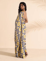 trueBrowns Yellow Muslin Ikat Saree