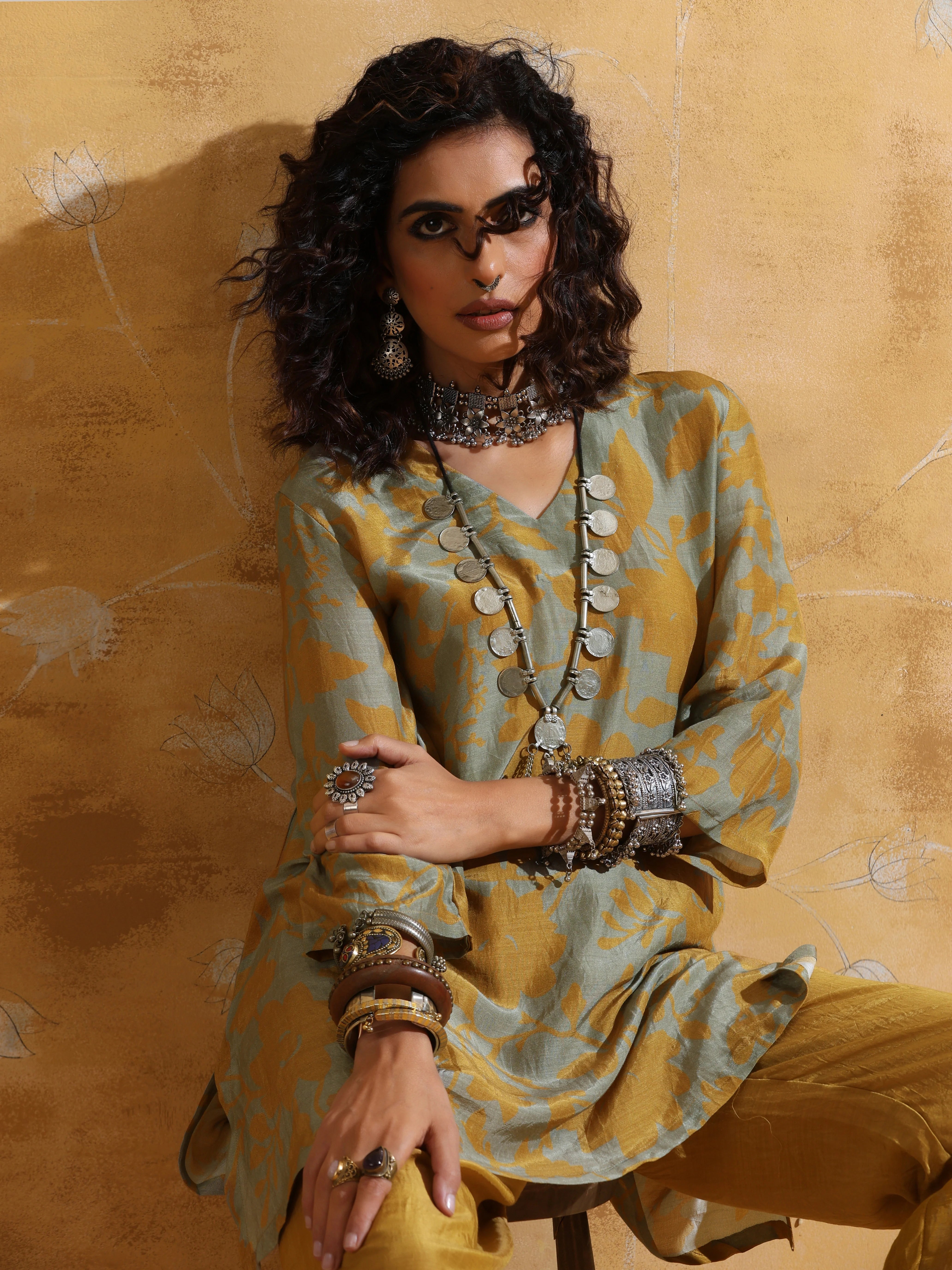 trueBrowns Mint Mustard Jaal Print Muslin Silk Co-ord Set