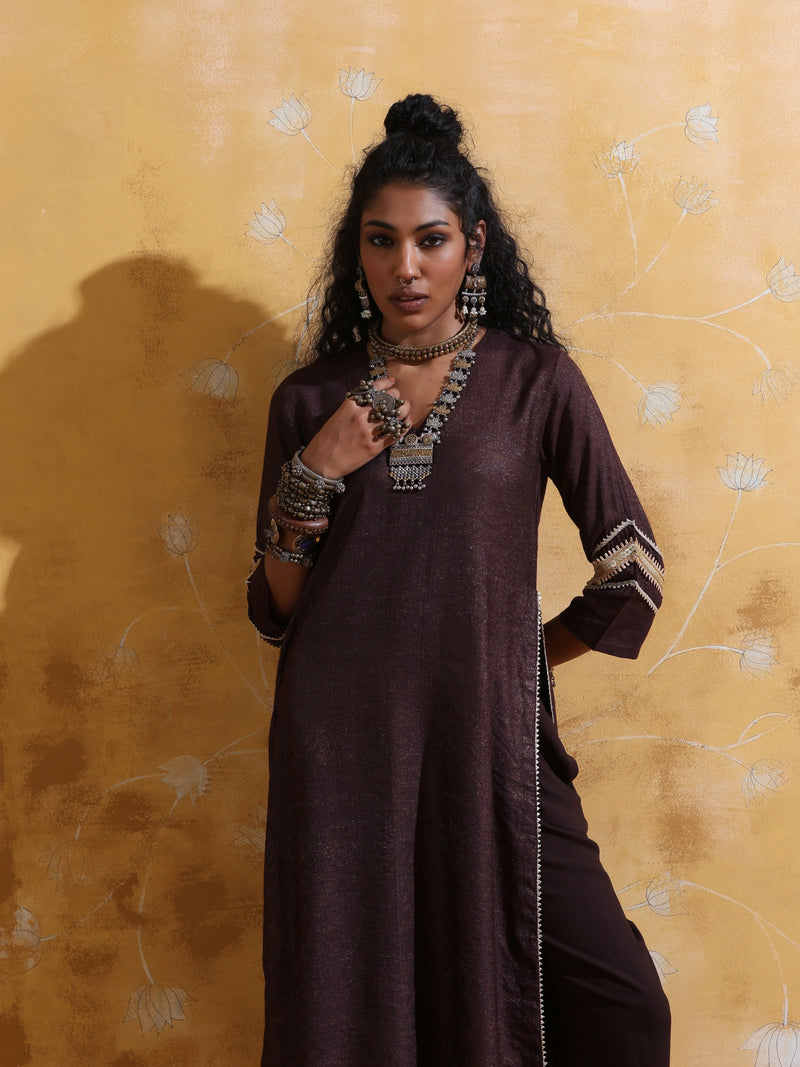 trueBrowns Brown Metallic High-Slit Straight Kurta Set