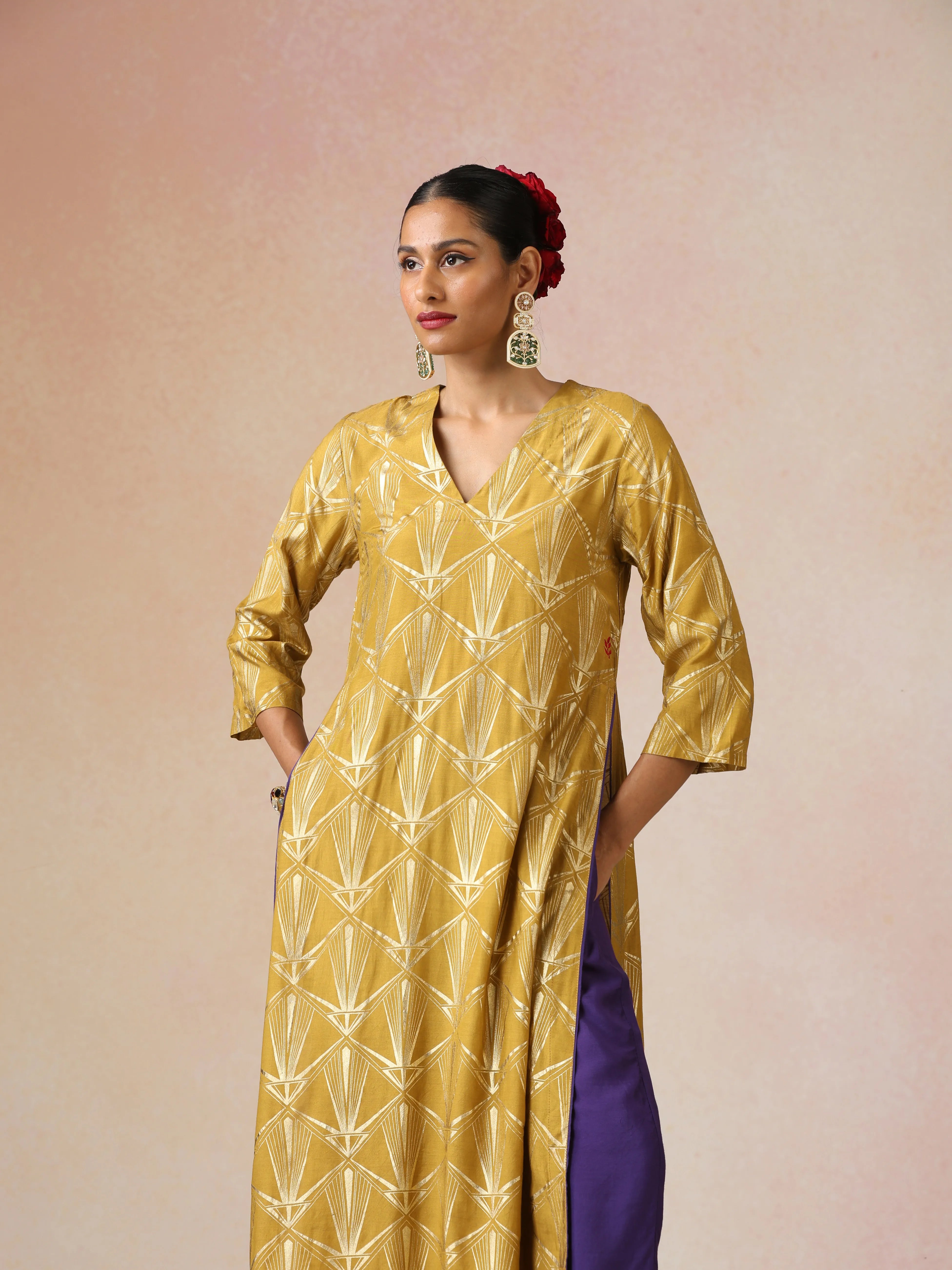 trueBrowns Mustard Gold Foil Print Muslin Silk Straight High-Slit Kurta Set