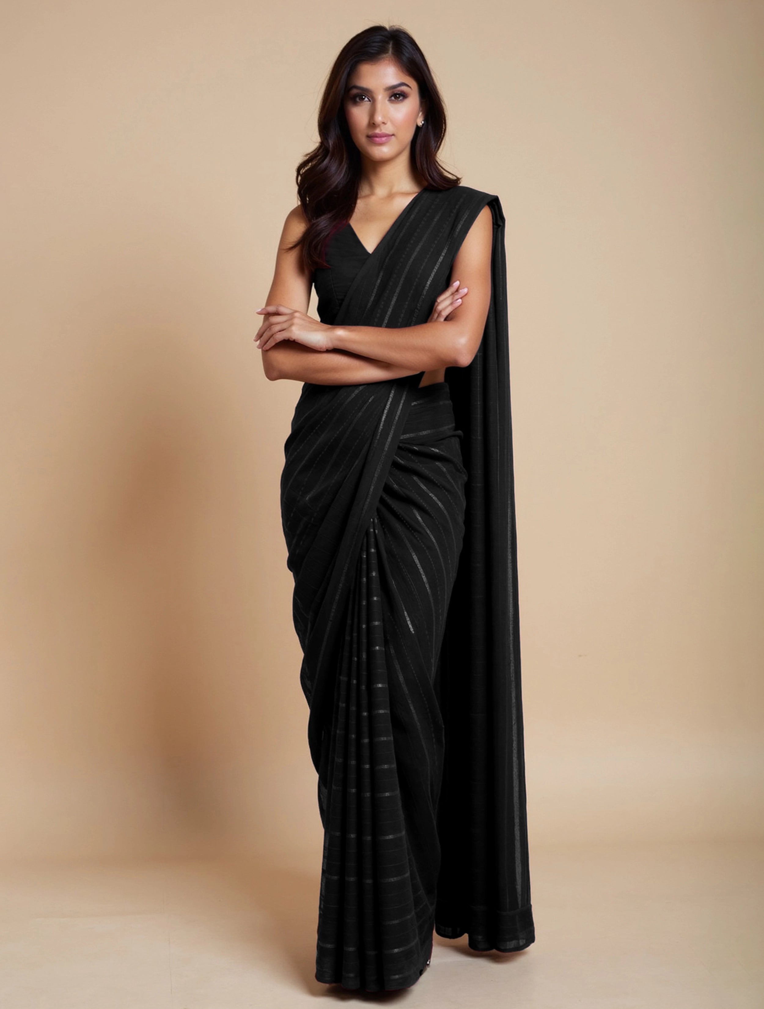 trueBrowns Black Stripe Saree With Unstitched Blouse
