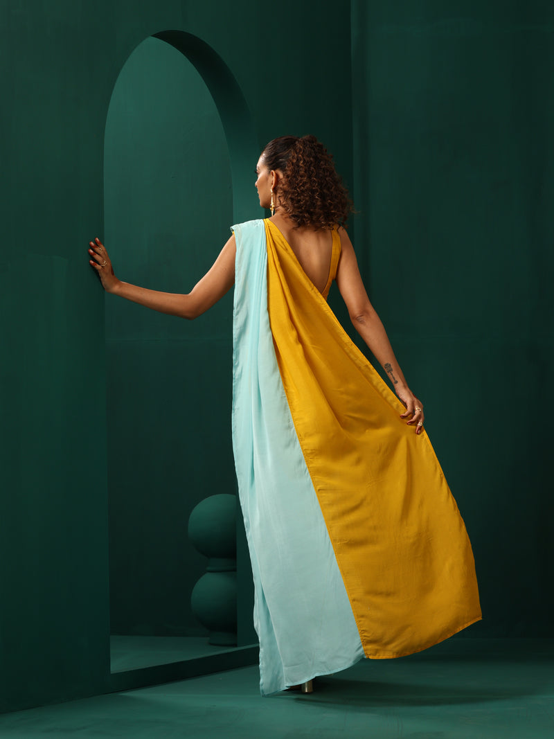 trueBrowns Blue Mustard Muslin Silk Pre-Stitched Saree