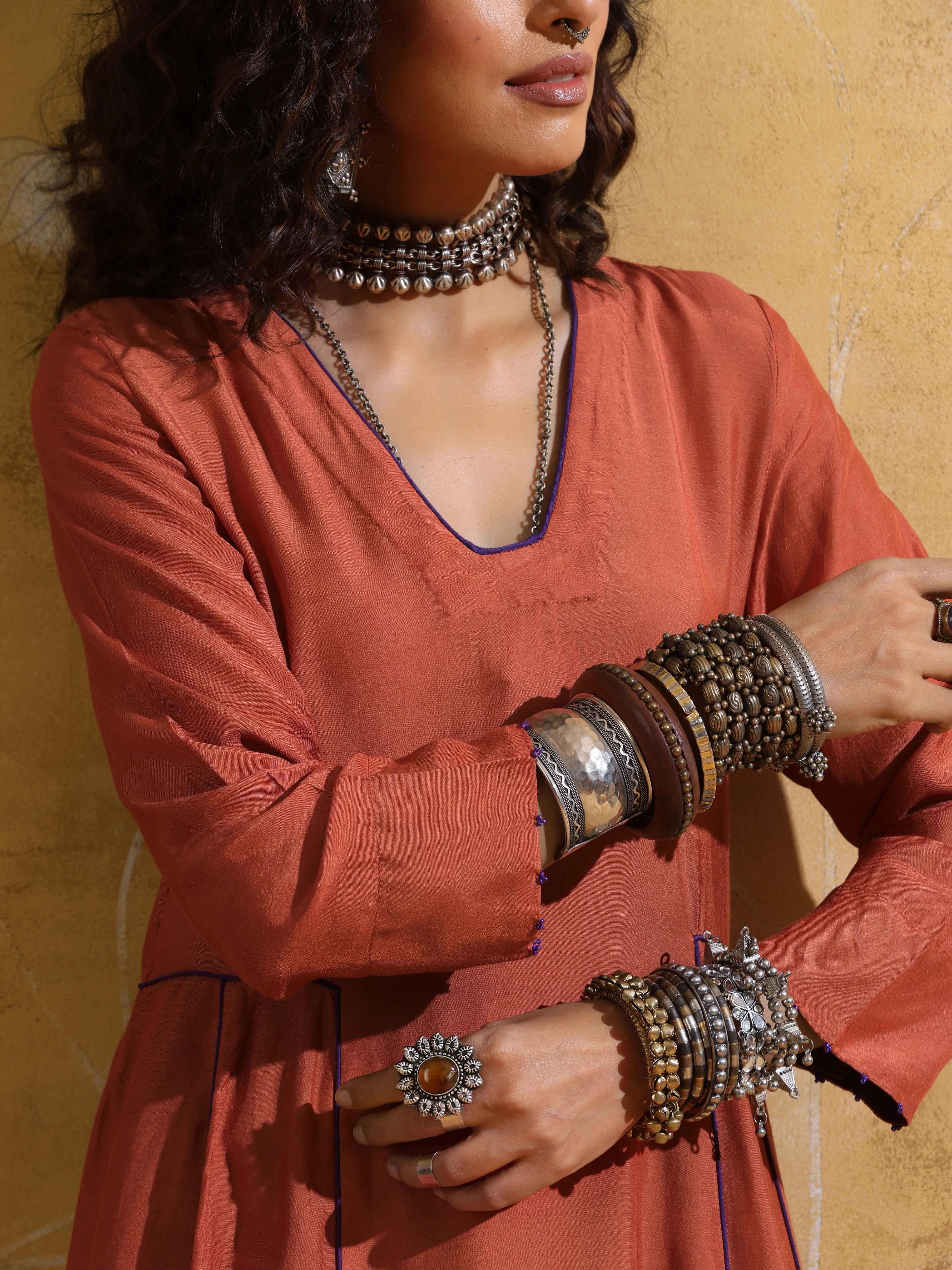 trueBrowns Rust Muslin Silk Fit and Flare Kurta Pant Set