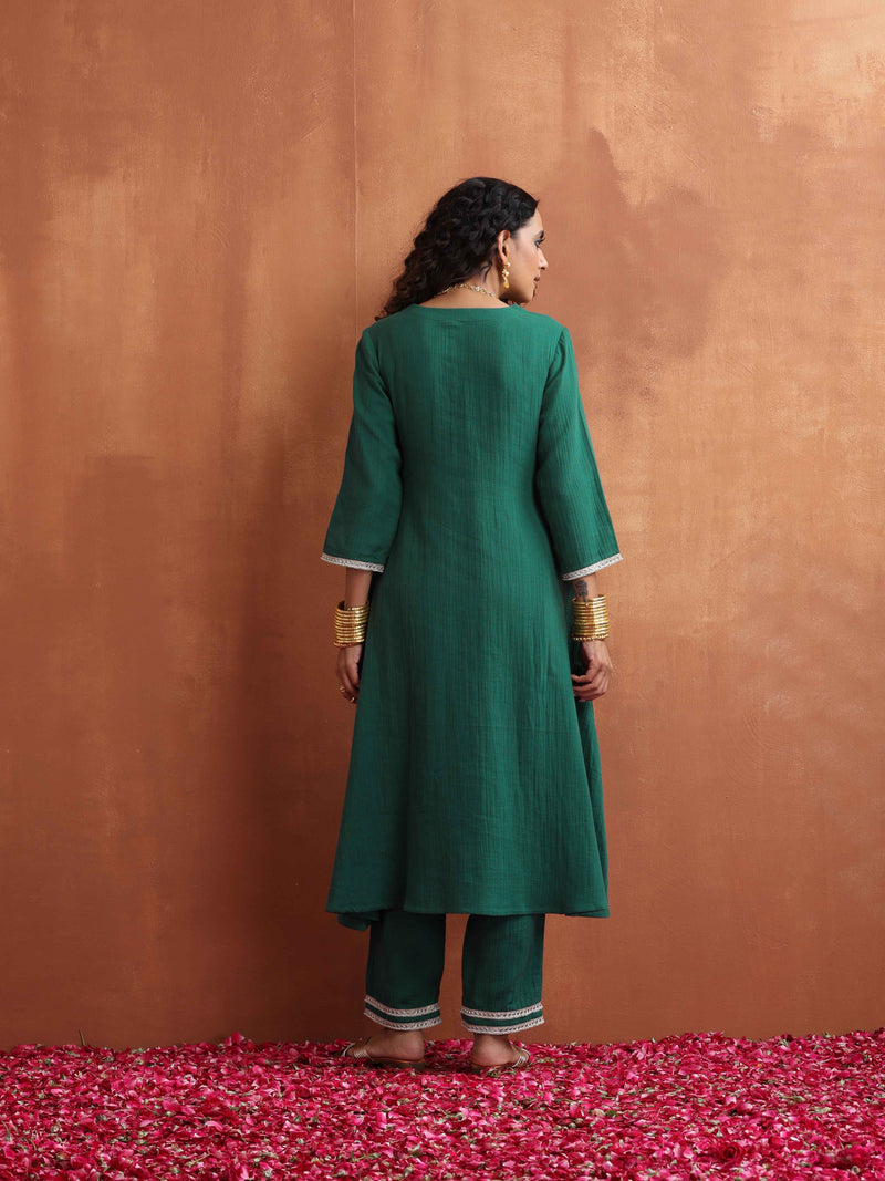 trueBrowns Green Cotton A-line Kurta Set