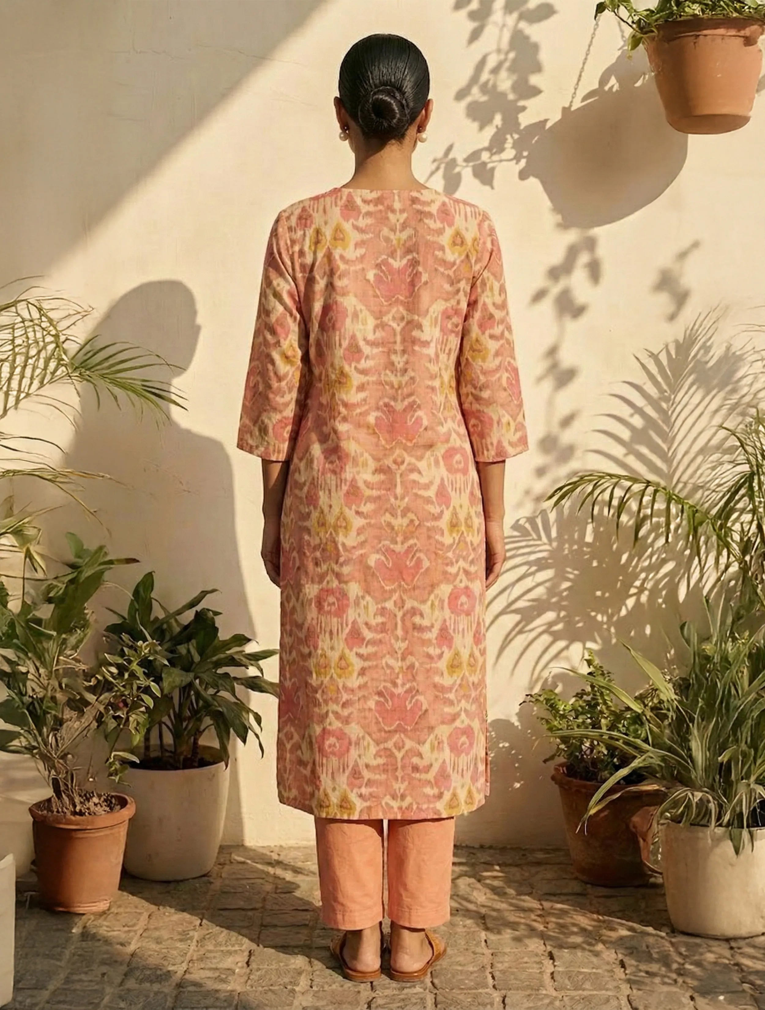 trueBrowns Peach Ikat Print Embroidered Kurta Pant Dupatta Set