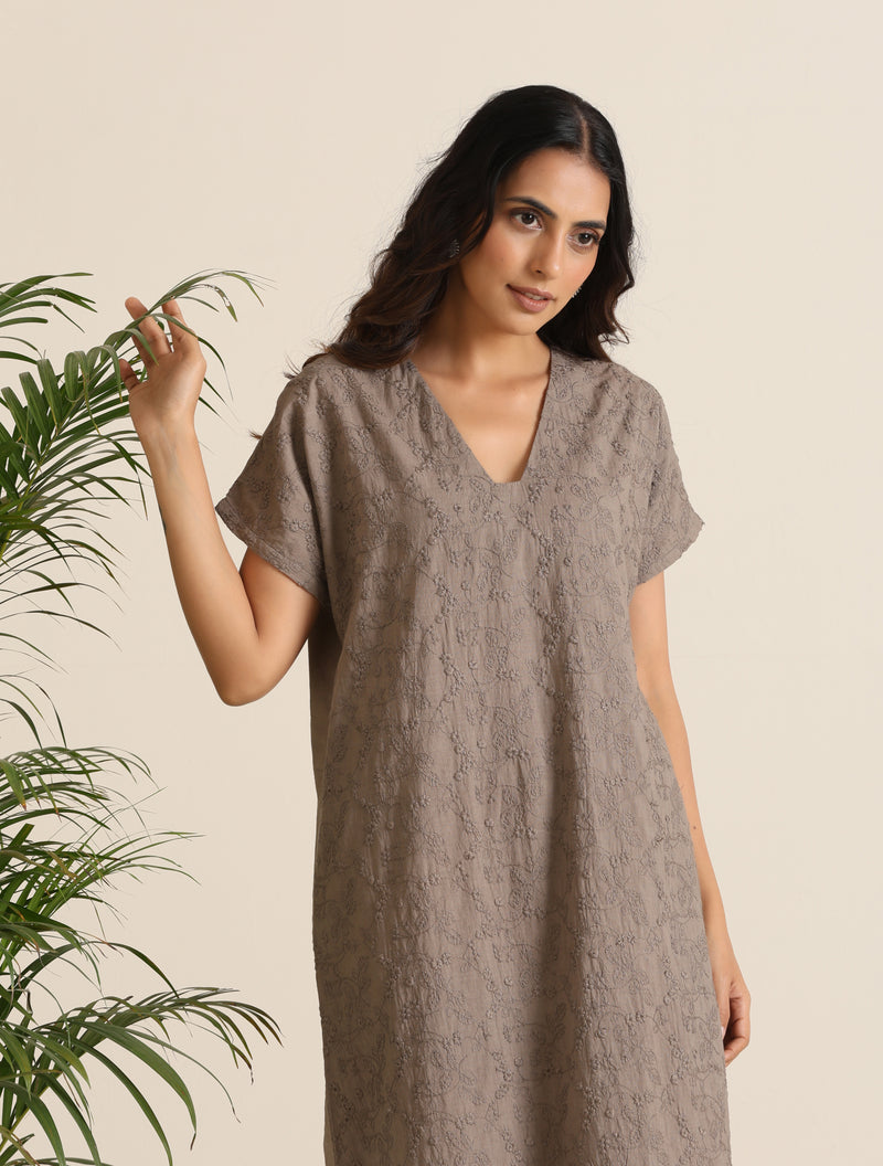 trueBrowns Grey Cotton Embroidered Dress