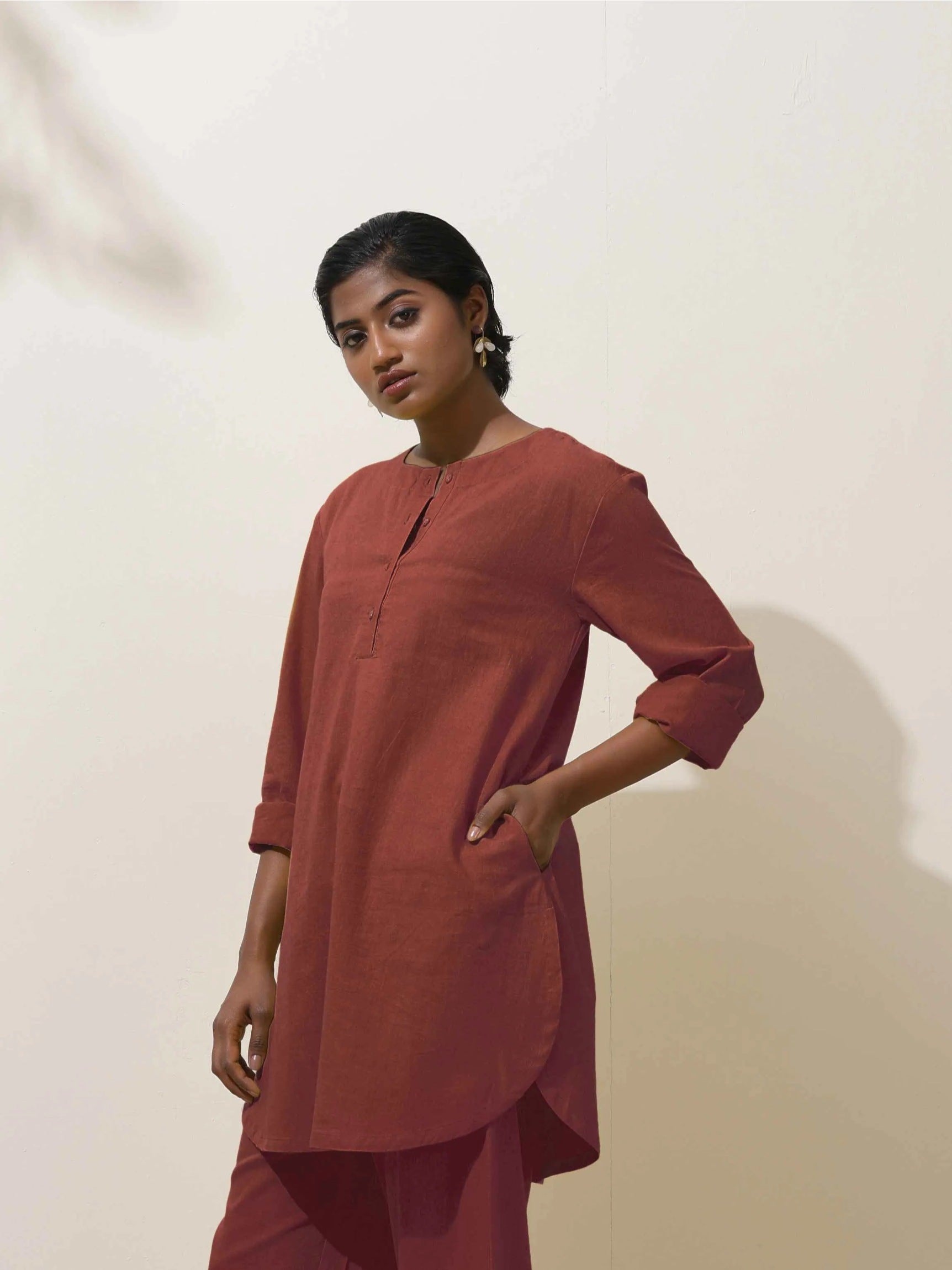 trueBrowns Brown Cotton Linen Kurta Co-Ord Set