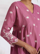 trueBrowns Pink Cotton Floral Embroidered Flared Kurta Set