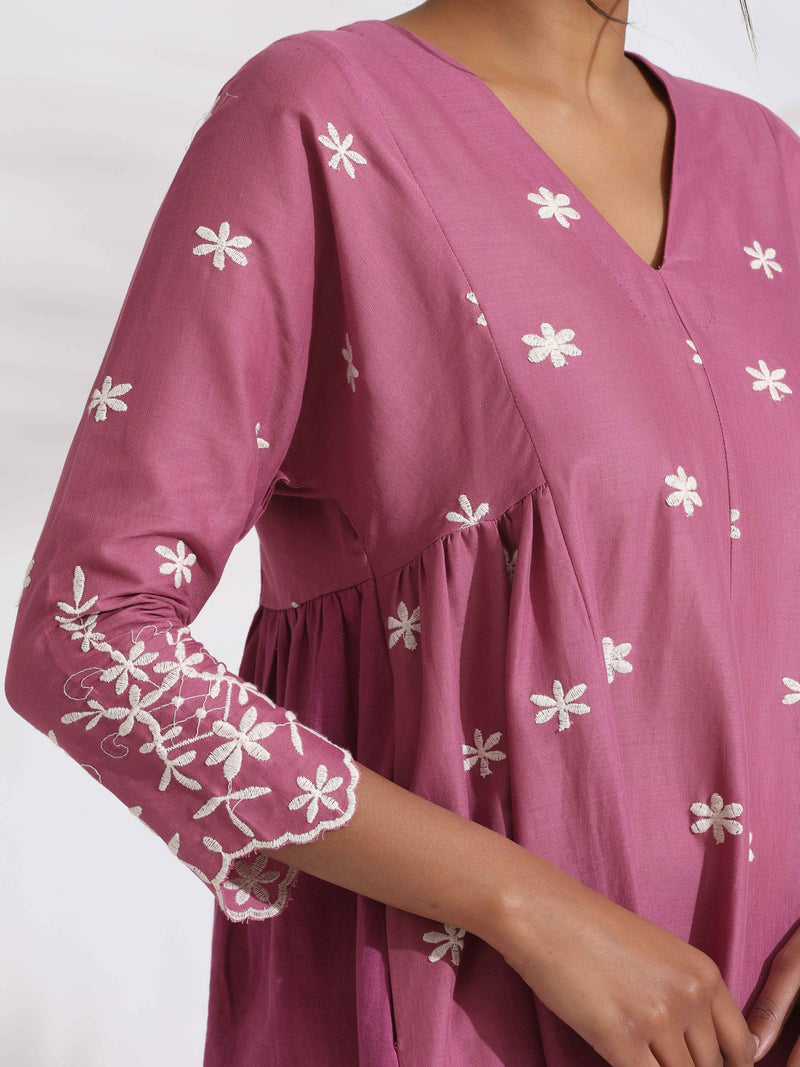 trueBrowns Pink Cotton Floral Embroidered Flared Kurta Set