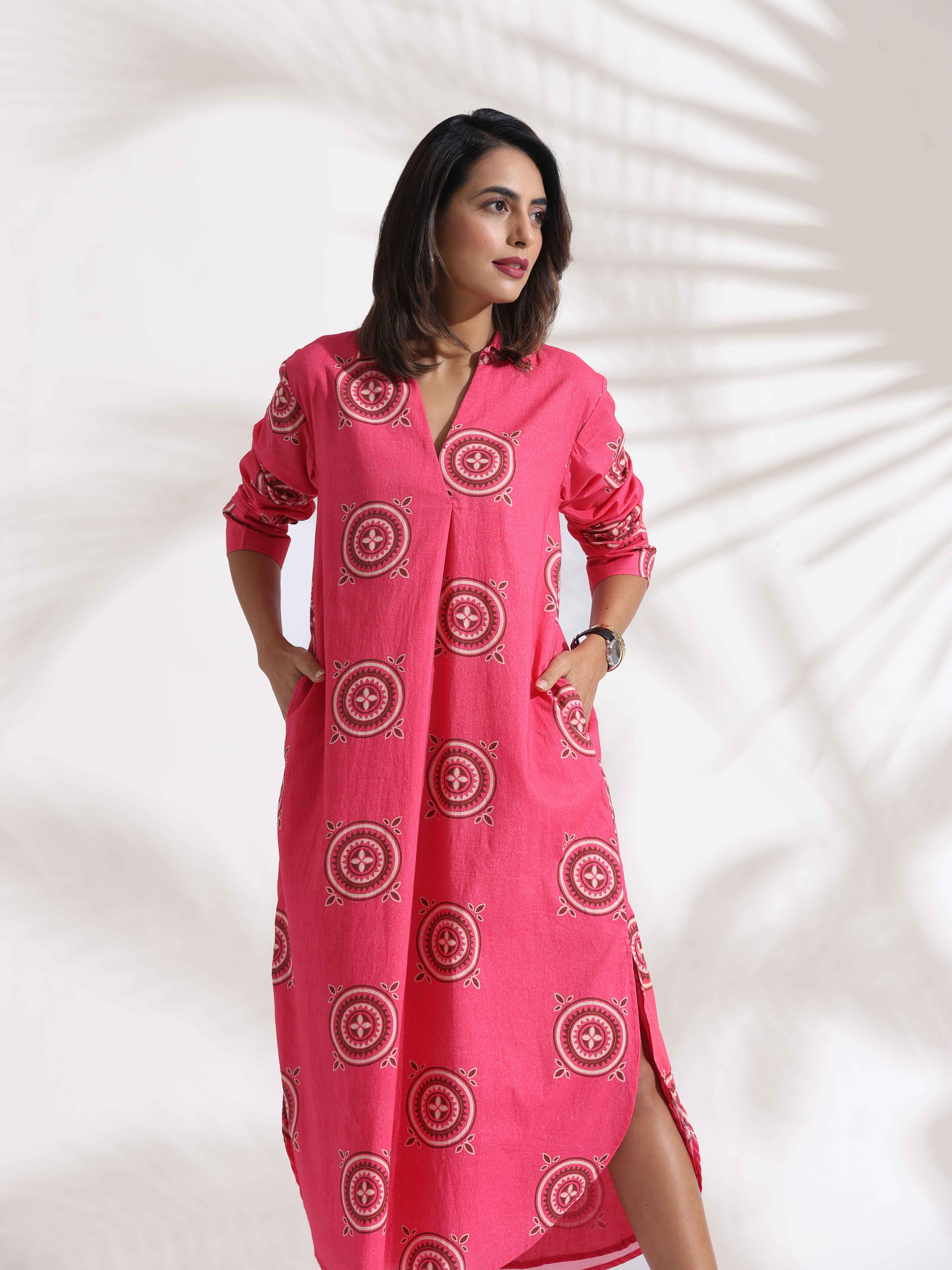 trueBrowns Pink Cotton Print A-line Dress