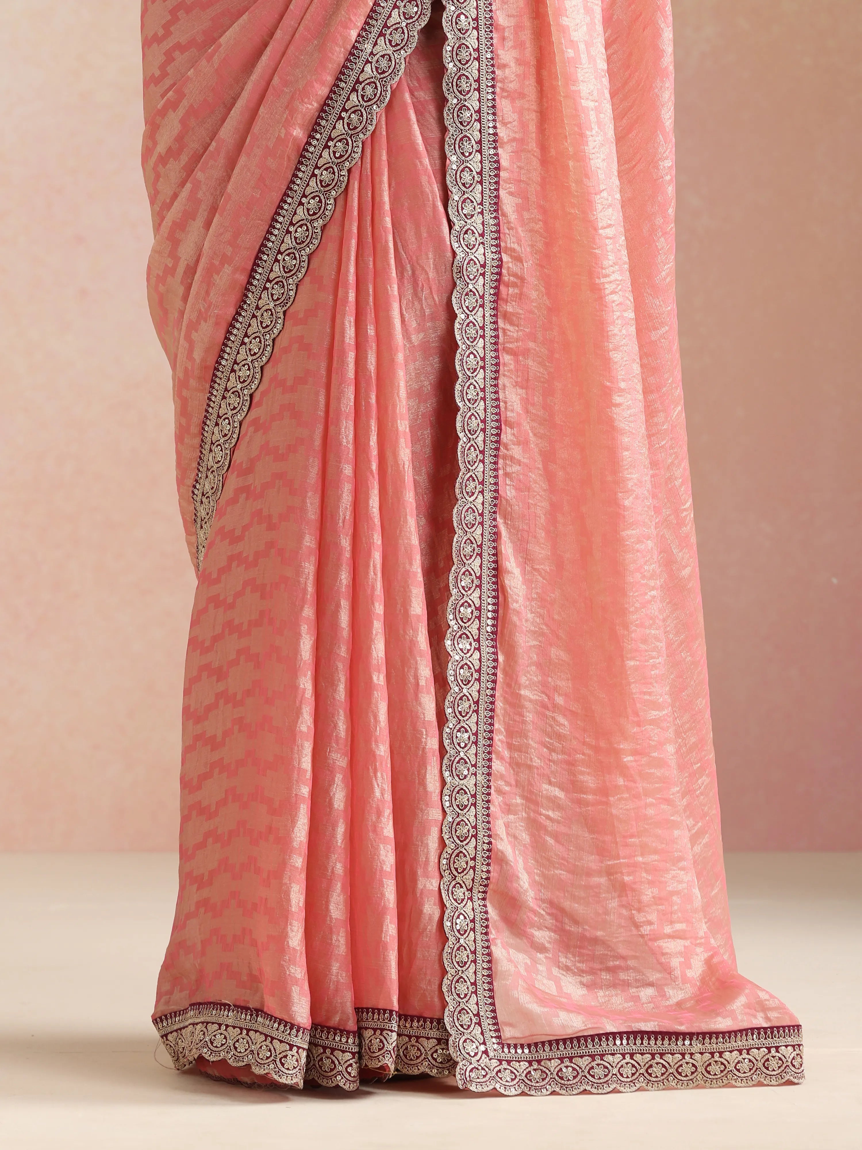 trueBrowns Peach Geometric Weave Saree With Unstitched Blouse