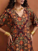 trueBrowns Brown Floral Print Kaftan Kurta Set