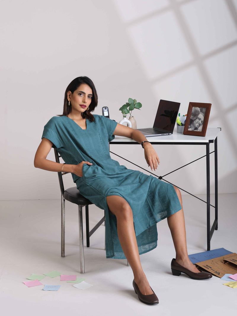 trueBrowns Turquoise Cotton Dobby Dress