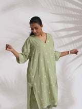 trueBrowns Green Cotton Floral Embroidered Kurta Co-ord Set