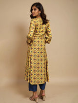 trueBrowns Lime Pink Floral Print A-line Glass Neck Kurta Set