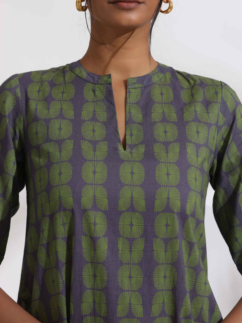 trueBrowns Grey Cotton Print Highlow Kurta Set