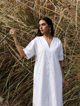 trueBrowns White Cotton Embroidered Front Slit Dress