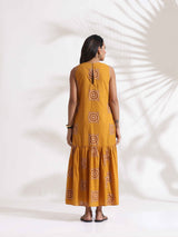 trueBrowns Mustard Cotton Print Tier Dress