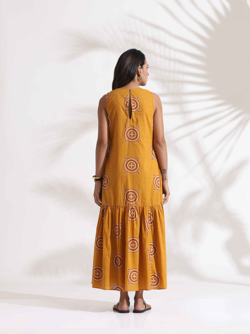 trueBrowns Mustard Cotton Print Tier Dress