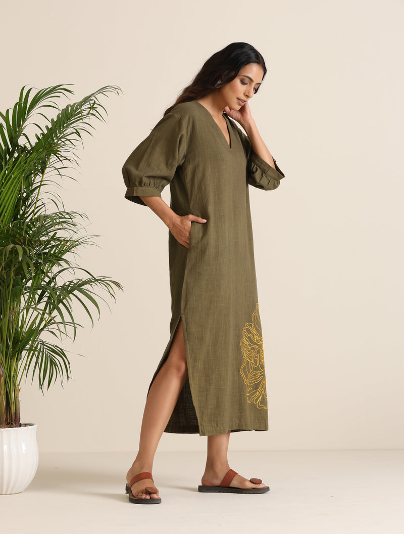 trueBrowns Olive Cotton Embroidered Dress