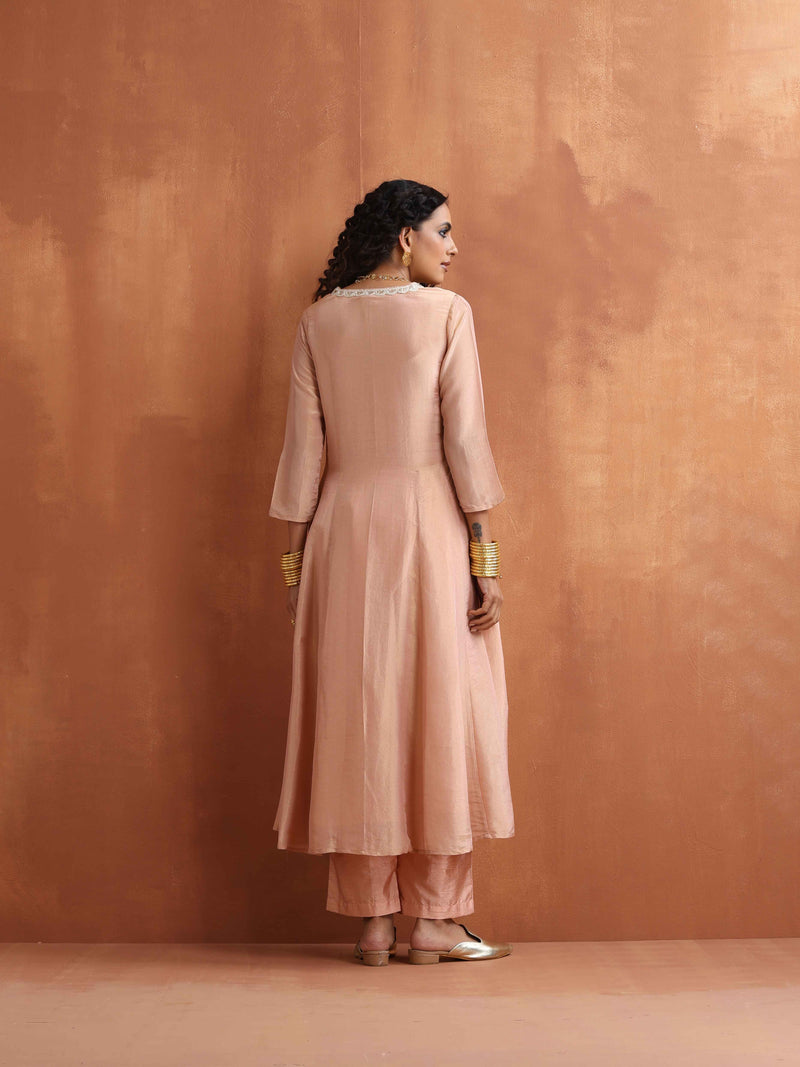 trueBrowns Blush Pink Tissue Flared Anarkali Kurta Set