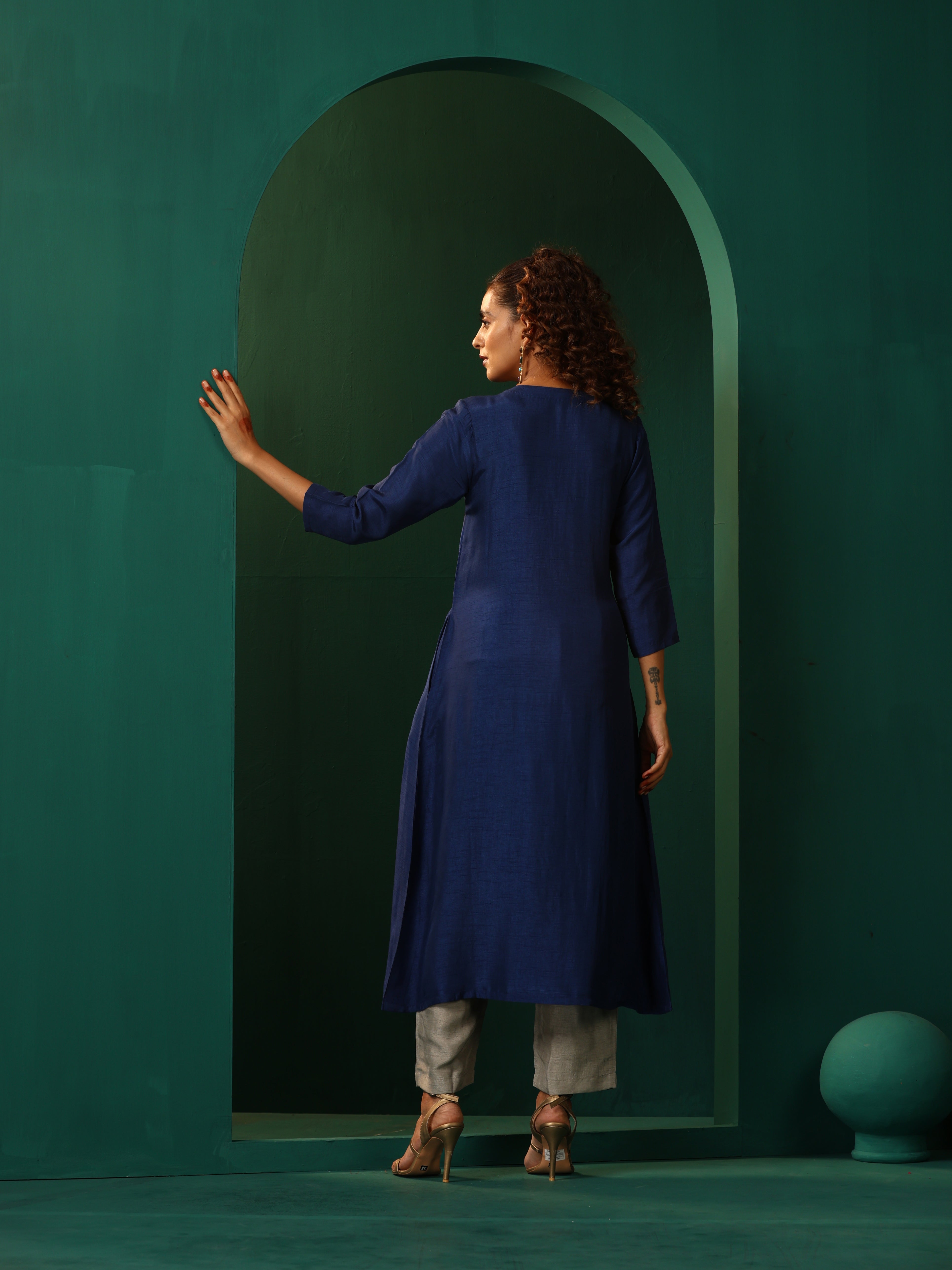 trueBrowns Blue Silk Angrakha Kurta Pant Set