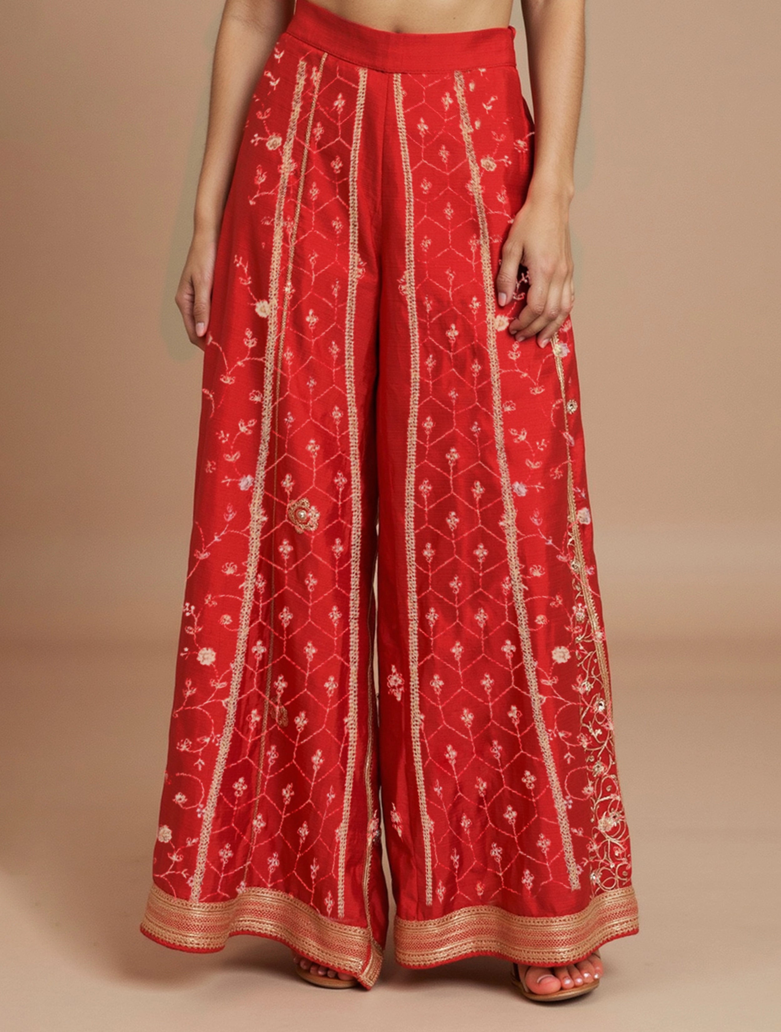 trueBrowns Red All Over Embroidered Straight Kurta With Palazzo Dupatta Set