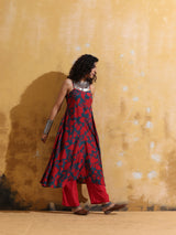 trueBrowns Red Teal Jaal Print Muslin Silk Flared Kurta Set