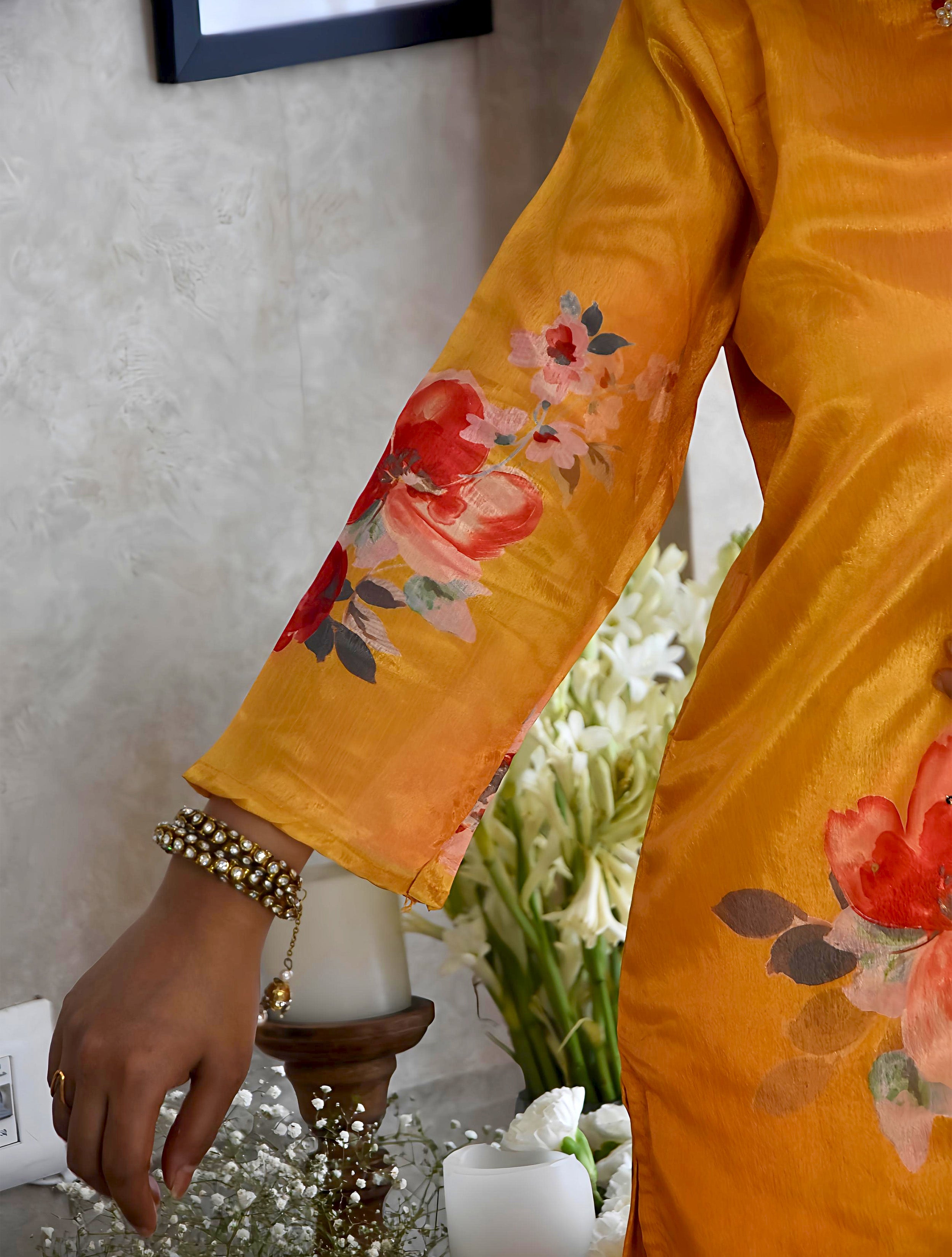 trueBrowns Yellow Floral V-Neck Emb Straight Kurta Pant Dupatta Set