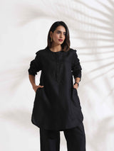 trueBrowns Black Slub Kurta Co-ord Set