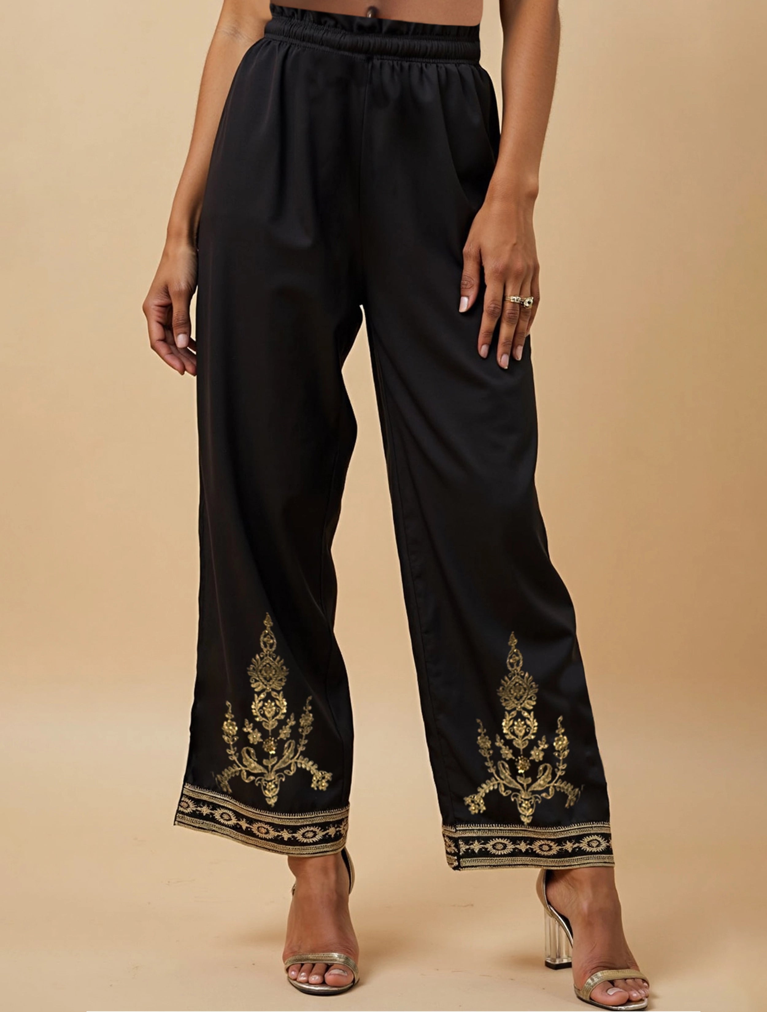 trueBrowns Black Embroidered Straight Kurta Pant Dupatta Set