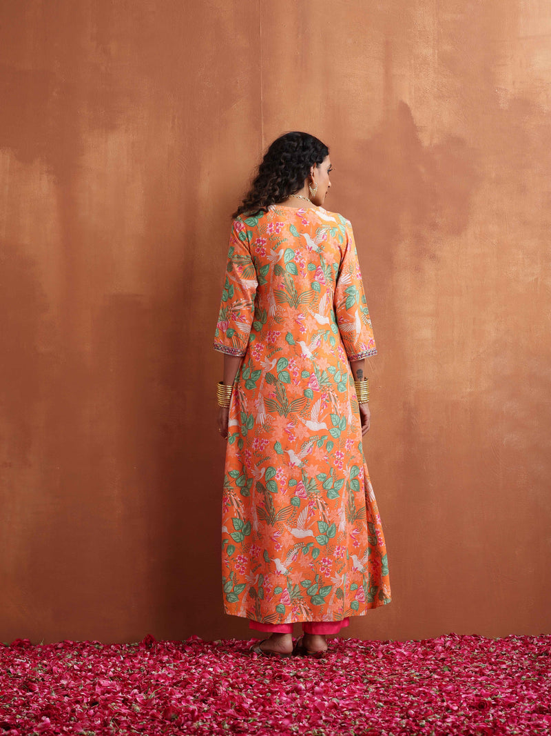 trueBrowns Orange Floral Print A-line Kurta Set