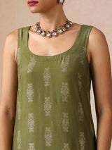 trueBrowns Olive Green Gold Foil Print Muslin Silk Sleeveless Straight Kurta Set