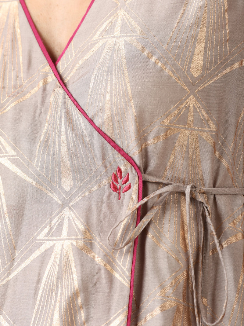 trueBrowns Grey Rose-Gold Foil Print Angrakha Kurta Set