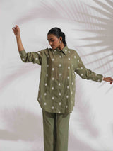 trueBrowns Olive Green Cotton Floral Embroidered Co-ord Set