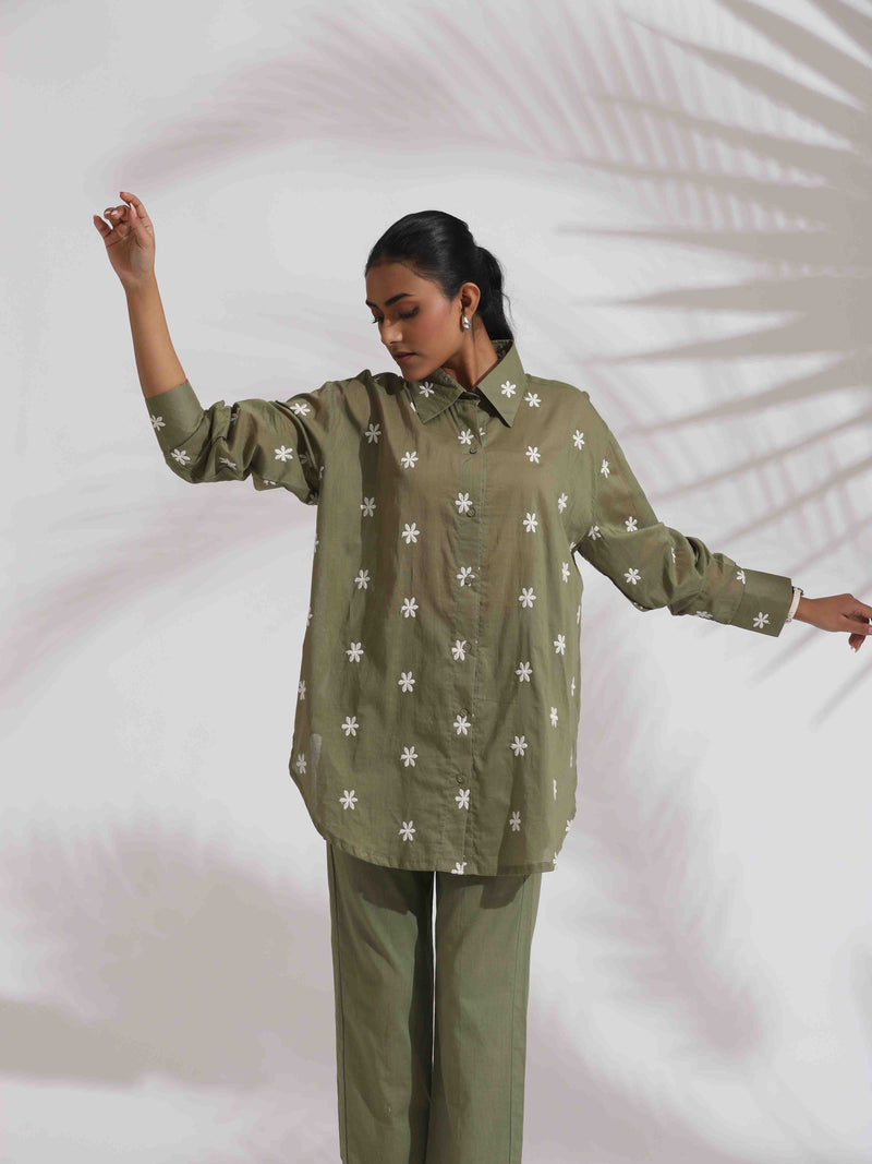 trueBrowns Olive Green Cotton Floral Embroidered Co-ord Set