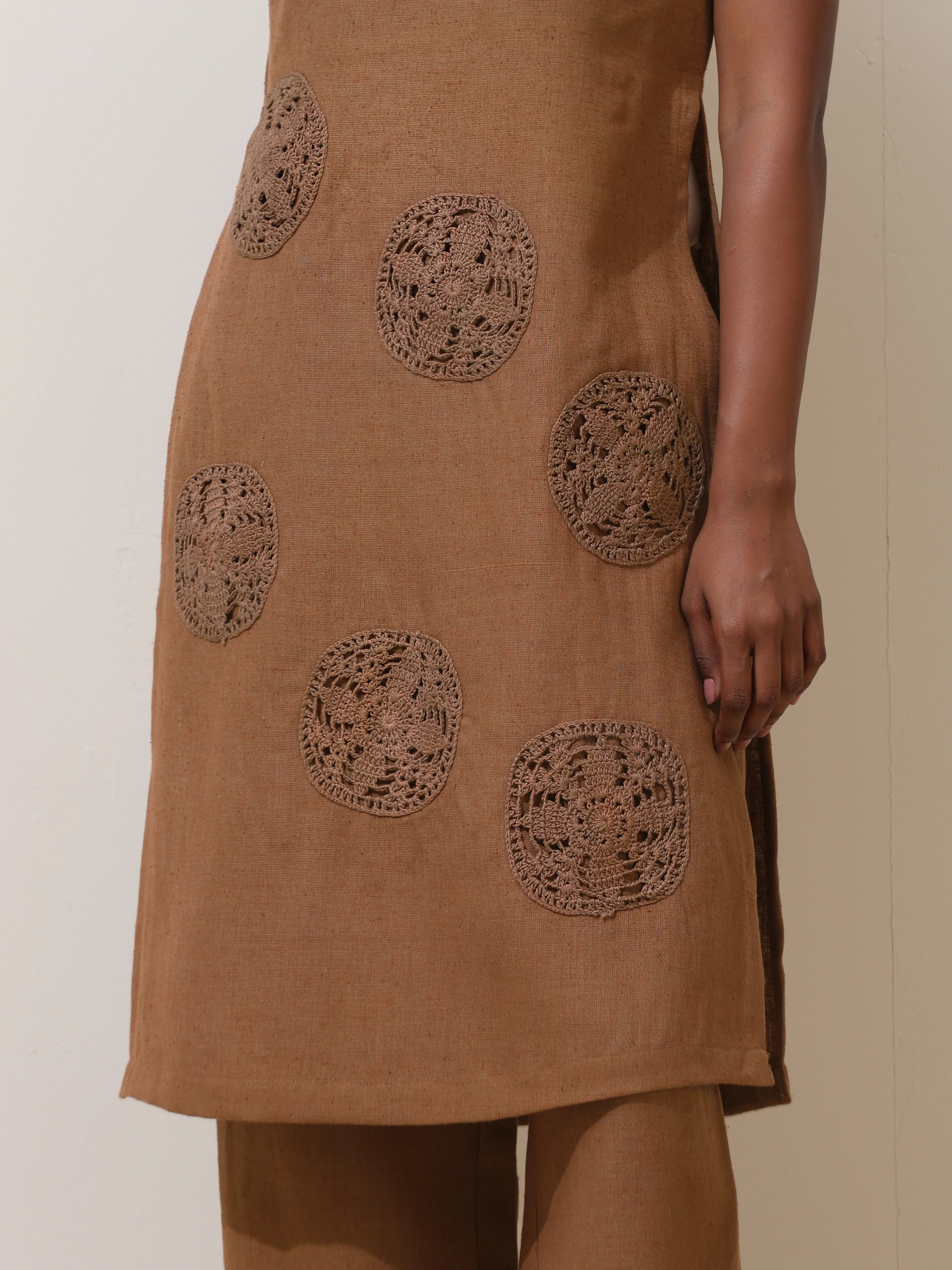 trueBrowns Kora Brown Crochet Natural Cotton Kurta Co-ord Set
