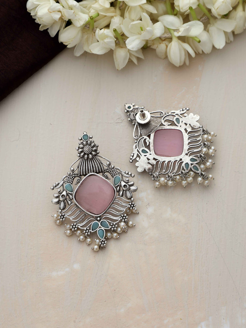 trueBrowns Silver Tone Pink Stone Pearl Drop Earrings