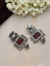 trueBrowns Silver Tone Red Stone Dangle Earrings