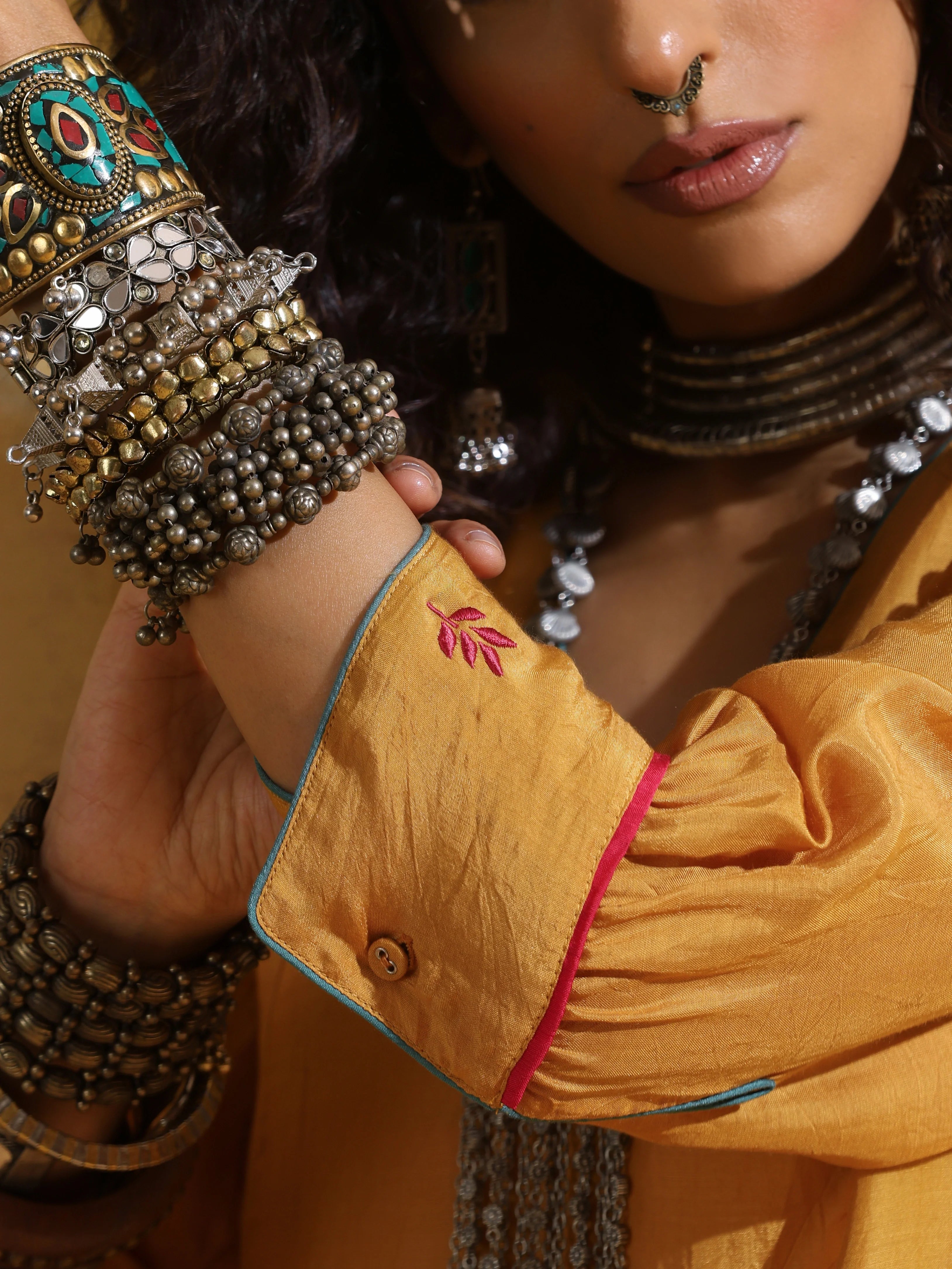 trueBrowns Mustard Muslin Silk A-line Kurta Pant Set